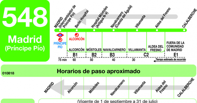Tabla de horarios y frecuencias de paso en sentido vuelta Línea 548: Madrid (Príncipe Pío) - Aldea del Fresno - Calalberche