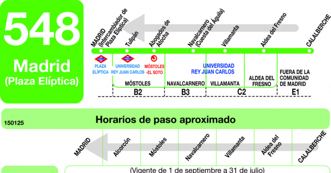 Tabla de horarios y frecuencias de paso en sentido vuelta Línea 548: Madrid (Príncipe Pío) - Aldea del Fresno - Calalberche