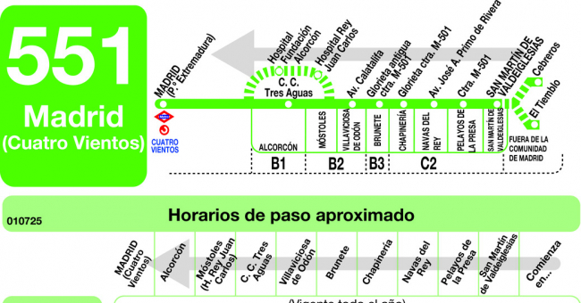 Tabla de horarios y frecuencias de paso en sentido vuelta Línea 551: Madrid (Príncipe Pío) - San Martín de Valdeiglesias - El Tiemblo - Cebreros