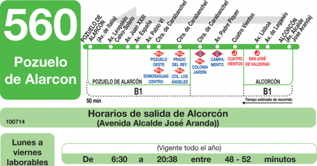 Tabla de horarios y frecuencias de paso en sentido vuelta Línea 560: Pozuelo de Alarcón - Alcorcón