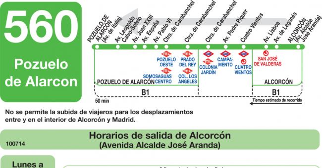 Tabla de horarios y frecuencias de paso en sentido vuelta Línea 560: Pozuelo de Alarcón - Alcorcón