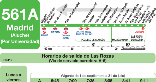 Tabla de horarios y frecuencias de paso en sentido vuelta Línea 561-A: Madrid (Aluche) - Pozuelo - Majadahonda - Rozas (Universidad)