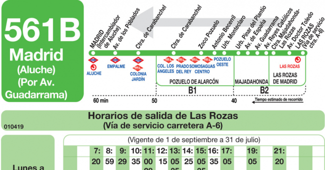 Tabla de horarios y frecuencias de paso en sentido vuelta Línea 561-B: Madrid (Aluche) - Pozuelo - Majadahonda - Rozas (Calle Guadarrama)