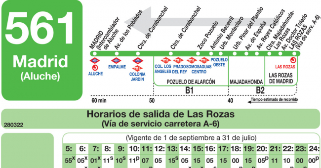 Tabla de horarios y frecuencias de paso en sentido vuelta Línea 561: Madrid (Aluche) - Pozuelo - Majadahonda - Las Rozas