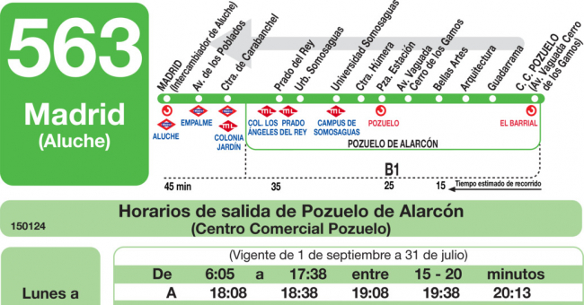 Tabla de horarios y frecuencias de paso en sentido vuelta Línea 563: Madrid (Aluche) - Pozuelo (Urbanización Las Minas)