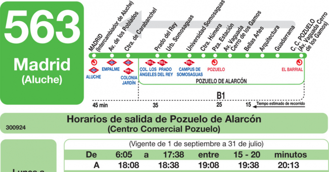 Tabla de horarios y frecuencias de paso en sentido vuelta Línea 563: Madrid (Aluche) - Pozuelo (Urbanización Las Minas)