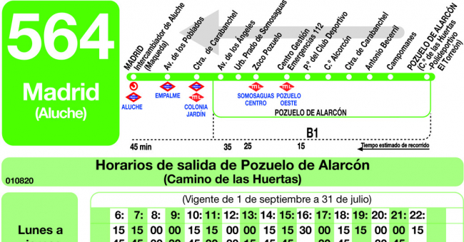 Tabla de horarios y frecuencias de paso en sentido vuelta Línea 564: Madrid (Aluche) - Pozuelo (Somosaguas Sur)