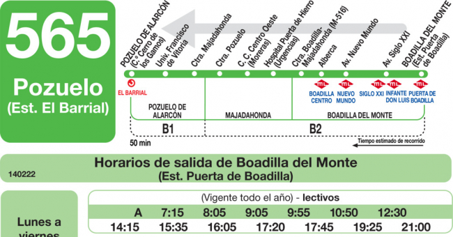 Tabla de horarios y frecuencias de paso en sentido vuelta Línea 565: Boadilla (Puerta de Boadilla) - Majadahonda (RENFE)