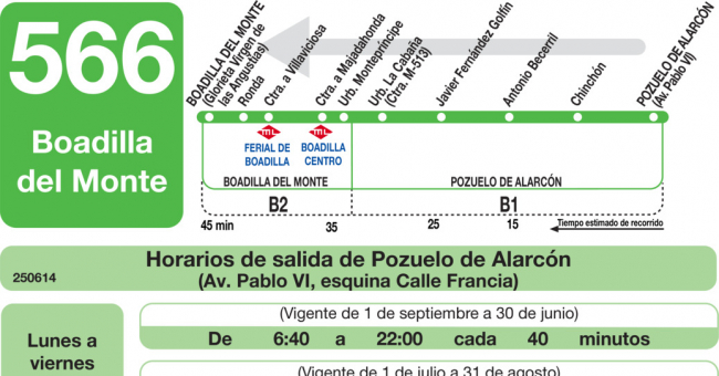 Tabla de horarios y frecuencias de paso en sentido vuelta Línea 566: Boadilla del Monte- Pozuelo de Alarcon
