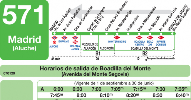 Tabla de horarios y frecuencias de paso en sentido vuelta Línea 571: Madrid (Aluche) - Boadilla (Urbanización Montepríncipe)