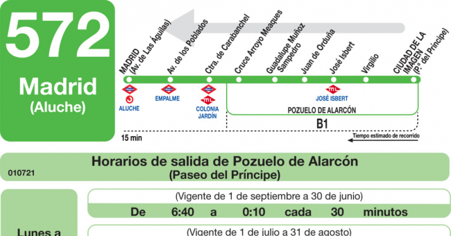 Tabla de horarios y frecuencias de paso en sentido vuelta Línea 572: Madrid (Aluche) - Ciudad de la Imagen