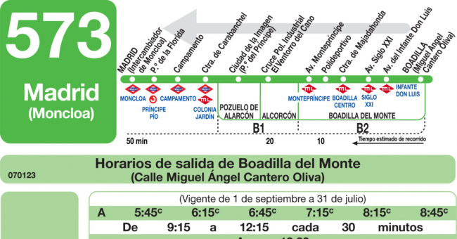 Tabla de horarios y frecuencias de paso en sentido vuelta Línea 573: Madrid (Moncloa) - Boadilla (Urbanización Monteprincipe)
