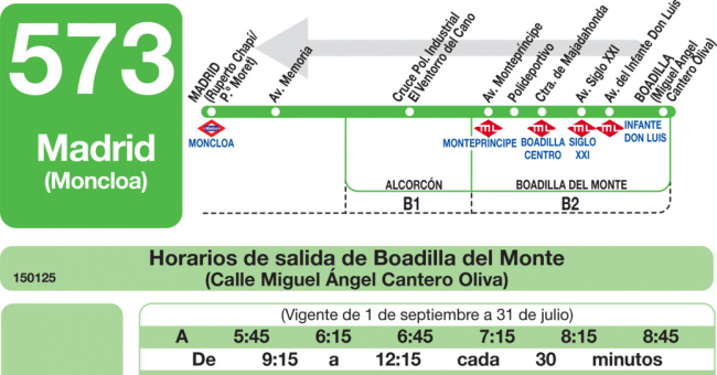 Tabla de horarios y frecuencias de paso en sentido vuelta Línea 573: Madrid (Moncloa) - Boadilla (Urbanización Monteprincipe)