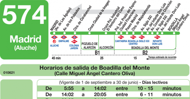 Tabla de horarios y frecuencias de paso en sentido vuelta Línea 574: Madrid (Aluche) - Boadilla del Monte (Ciudad Financiera)