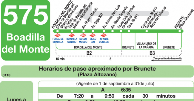 Tabla de horarios y frecuencias de paso en sentido vuelta Línea 575: Boadilla del Monte - Brunete