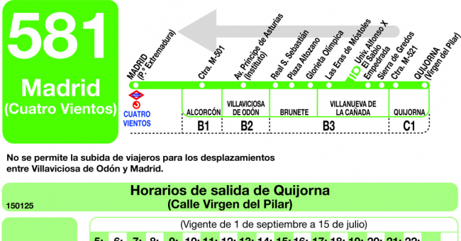 Tabla de horarios y frecuencias de paso en sentido vuelta Línea 581: Madrid (Príncipe Pío) - Brunete - Quijorna