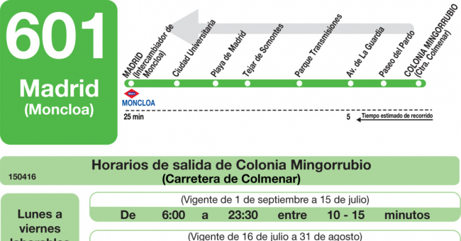Tabla de horarios y frecuencias de paso en sentido vuelta Línea 601: Madrid (Moncloa) - El Pardo - Mingorrubio