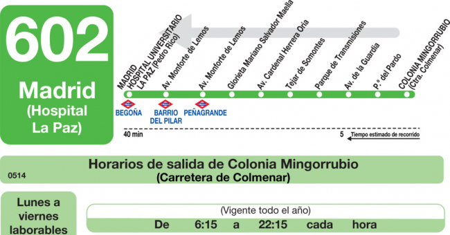 Tabla de horarios y frecuencias de paso en sentido vuelta Línea 602: Madrid (Hospital la Paz) - El Pardo - Mingorrubio