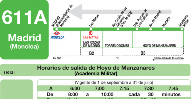Tabla de horarios y frecuencias de paso en sentido vuelta Línea 611-A: Madrid (Moncloa) - Hoyo de Manzanares (Urbanización Las Colinas)