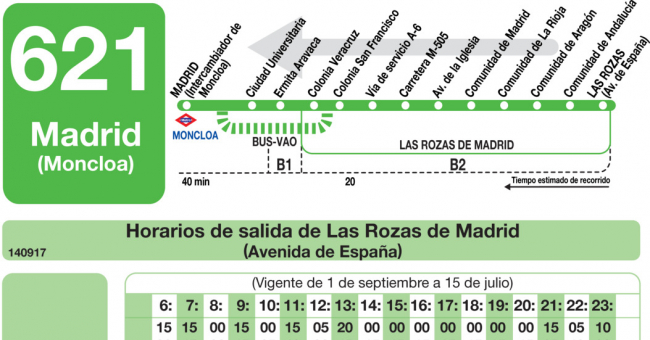 Tabla de horarios y frecuencias de paso en sentido vuelta Línea 621: Madrid (Moncloa) - Las Rozas