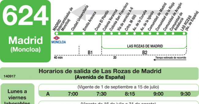 Tabla de horarios y frecuencias de paso en sentido vuelta Línea 624: Madrid (Moncloa) - Colegio Veracruz - Las Rozas