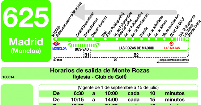 Tabla de horarios y frecuencias de paso en sentido vuelta Línea 625: Madrid (Moncloa) - Monte Rozas