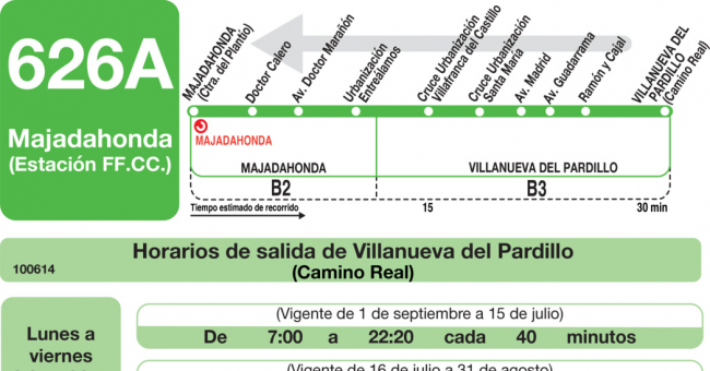 Tabla de horarios y frecuencias de paso en sentido vuelta Línea 626-A: Majadahonda (RENFE) - Villanueva del Pardillo