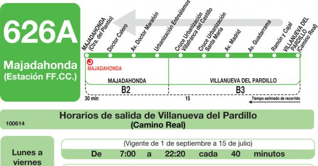 Tabla de horarios y frecuencias de paso en sentido vuelta Línea 626-A: Majadahonda (RENFE) - Villanueva del Pardillo