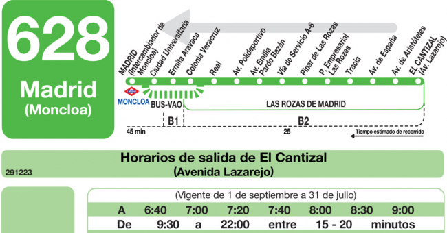 Tabla de horarios y frecuencias de paso en sentido vuelta Línea 628: Madrid (Moncloa) - Parque Empresarial - El Cantizal