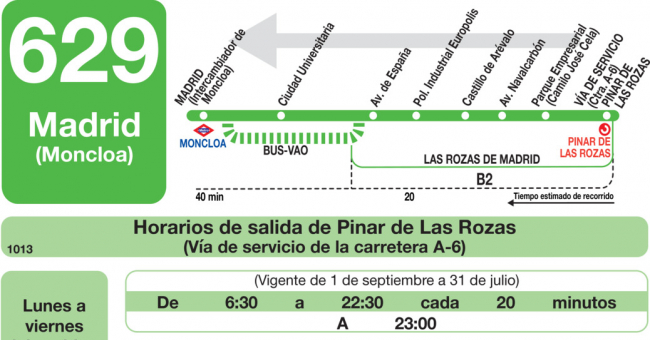 Tabla de horarios y frecuencias de paso en sentido vuelta Línea 629: Madrid (Moncloa) - Las Rozas (Parque Empresarial)