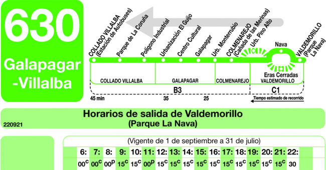 Tabla de horarios y frecuencias de paso en sentido vuelta Línea 630: Villalba (Estación) - Galapagar - Colmenarejo - Valdemorillo