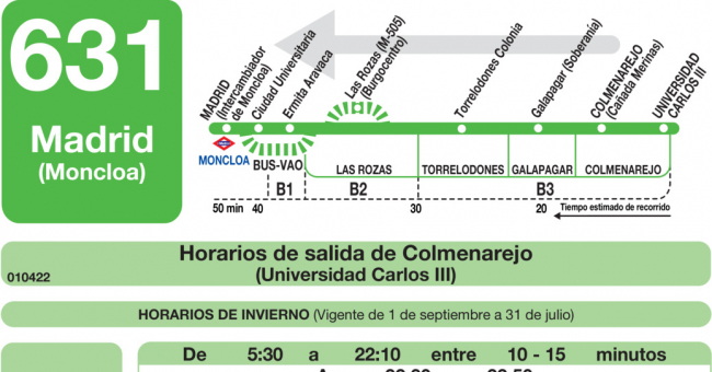 Tabla de horarios y frecuencias de paso en sentido vuelta Línea 631: Madrid (Moncloa) - Torrelodones (Colonia) - Galapagar - Colmenarejo