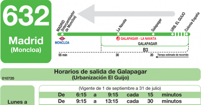 Tabla de horarios y frecuencias de paso en sentido vuelta Línea 632: Madrid (Moncloa) - La Navata - Galapagar - El Guijo