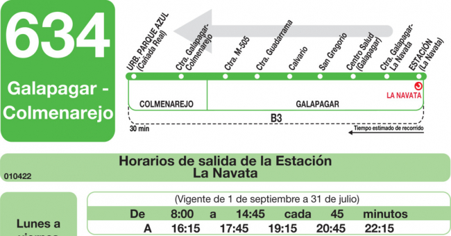 Tabla de horarios y frecuencias de paso en sentido vuelta Línea 634: Colmenarejo - Galapagar - La Navata