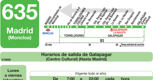 Tabla de horarios y frecuencias de paso en sentido vuelta Línea 635: Madrid (Moncloa) - Torrelodones (Colonia) - La Navata - Galapagar