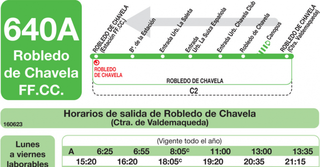 Tabla de horarios y frecuencias de paso en sentido vuelta Línea 640-A: Robledo de Chavela (RENFE) - Valdemaqueda