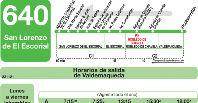 Tabla de horarios y frecuencias de paso en sentido vuelta Línea 640: San Lorenzo de El Escorial - Robledo de Chavela - Valdemaqueda