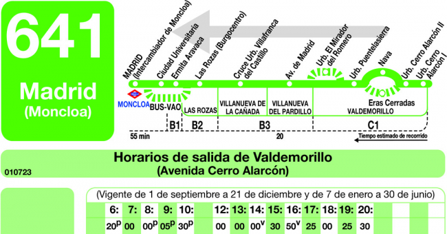 Tabla de horarios y frecuencias de paso en sentido vuelta Línea 641: Madrid (Moncloa) - Valdemorillo