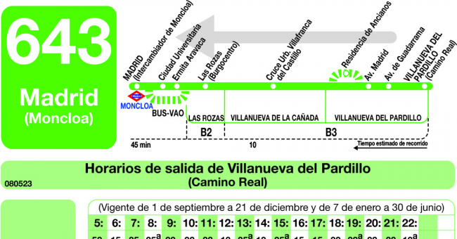 Tabla de horarios y frecuencias de paso en sentido vuelta Línea 643: Madrid (Moncloa) - Villanueva del Pardillo
