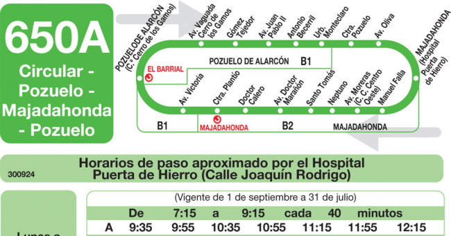 Tabla de horarios y frecuencias de paso en sentido vuelta Línea 650-A: Circular A: Pozuelo - Majadahonda - Pozuelo