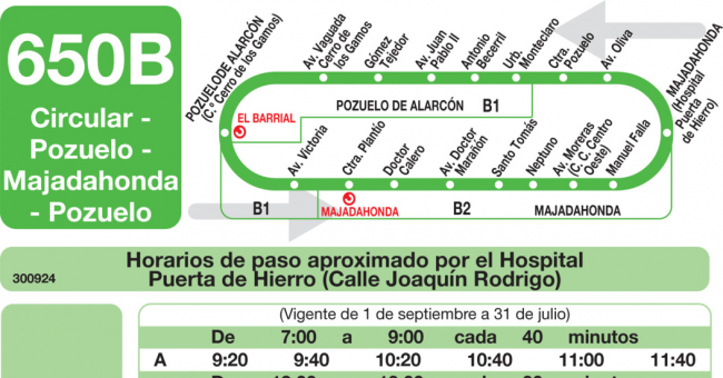 Tabla de horarios y frecuencias de paso en sentido vuelta Línea 650-B: Circular B: Pozuelo - Majadahonda - Pozuelo