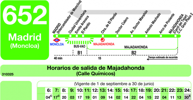 Tabla de horarios y frecuencias de paso en sentido vuelta Línea 652: Madrid (Moncloa) - Majadahonda (Granja del Conde)