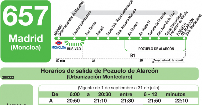 Tabla de horarios y frecuencias de paso en sentido vuelta Línea 657: Madrid (Moncloa) - Pozuelo (Monteclaro)