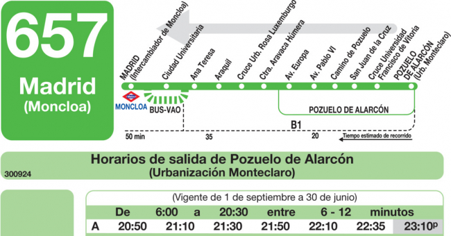 Tabla de horarios y frecuencias de paso en sentido vuelta Línea 657: Madrid (Moncloa) - Pozuelo (Monteclaro)