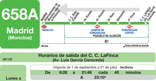 Tabla de horarios y frecuencias de paso en sentido vuelta Línea 658-A: Madrid (Moncloa) - Pozuelo (La Finca - Ciudad de la Imagen)