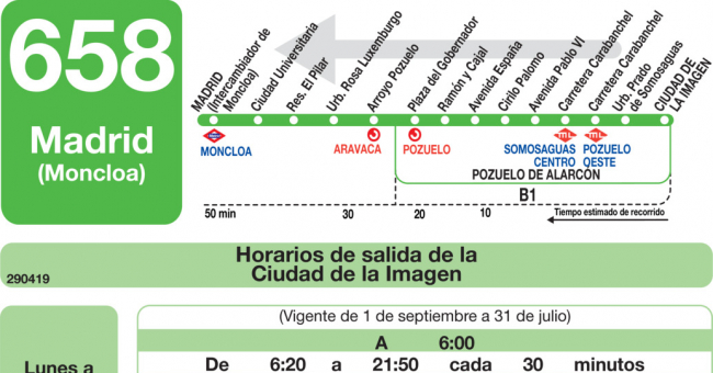 Tabla de horarios y frecuencias de paso en sentido vuelta Línea 658: Madrid (Moncloa) - Pozuelo (Prado de Somosaguas - Ciudad de la Imagen)