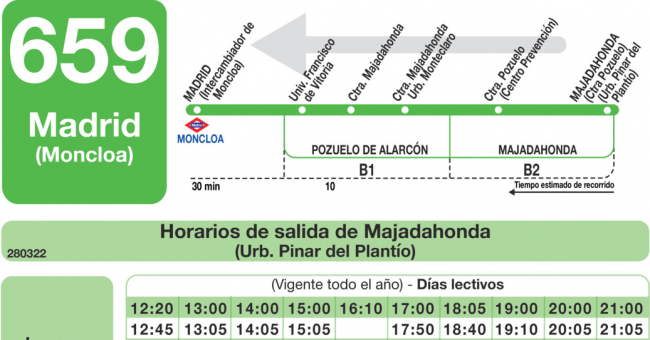 Tabla de horarios y frecuencias de paso en sentido vuelta Línea 659: Madrid (Moncloa) - Universidad Francisco de Vitoria - El Pinar del Plantío