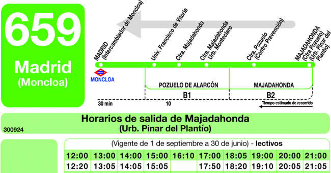 Tabla de horarios y frecuencias de paso en sentido vuelta Línea 659: Madrid (Moncloa) - Universidad Francisco de Vitoria - El Pinar del Plantío