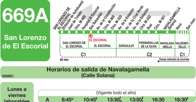 Tabla de horarios y frecuencias de paso en sentido vuelta Línea 669-A: San Lorenzo de El Escorial - Fresnedil - Navalagamella