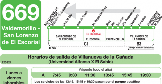 Tabla de horarios y frecuencias de paso en sentido vuelta Línea 669: San Lorenzo de El Escorial - Villanueva de la Cañada